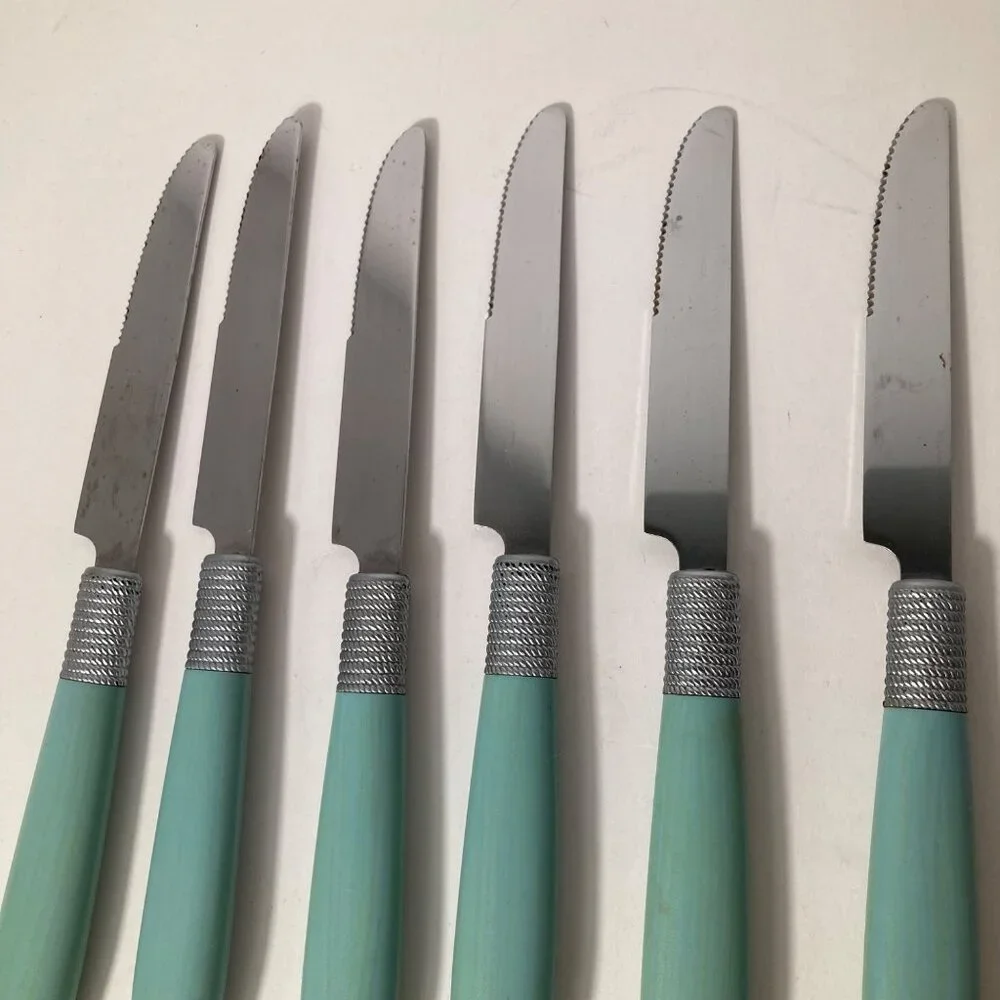 6 - Vintage Cambridge Dinner Knives Green Stainless‎ Flatware Plastic Handle 9